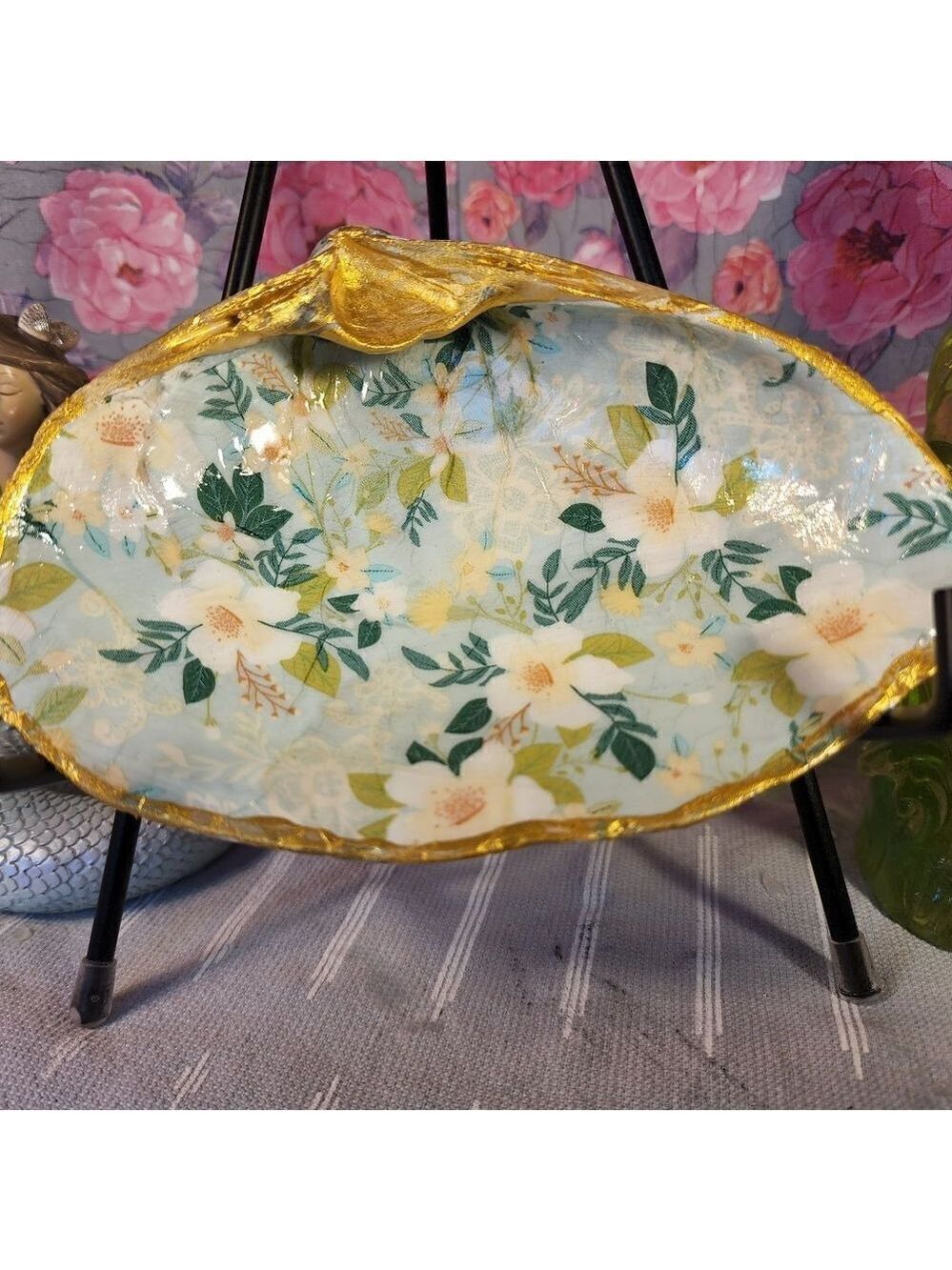 DECOUPAGE CLAM SHELL DECOUPAGE FLOWERS TRINKET DISH